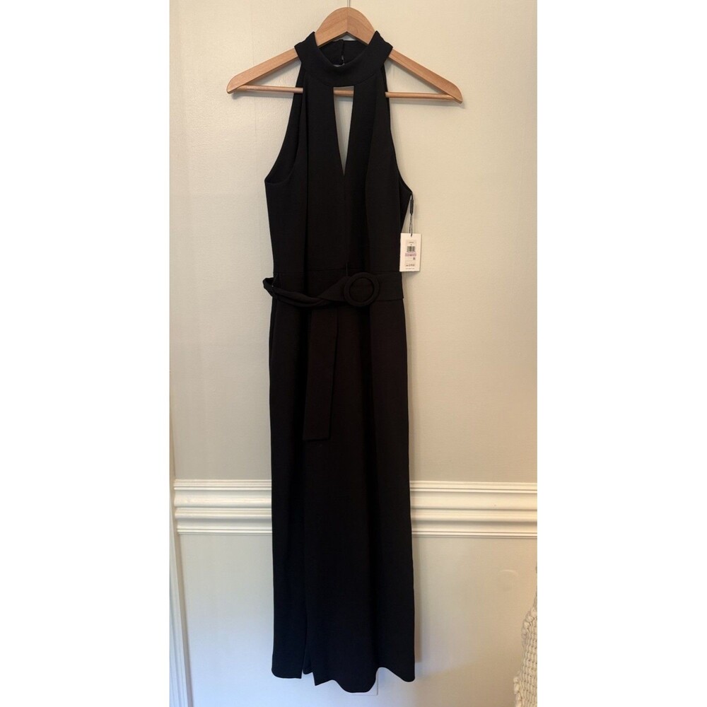 NWT Calvin Klein Dress Black Halter Neck Sleeveless Cutout Front Slit Belted 6